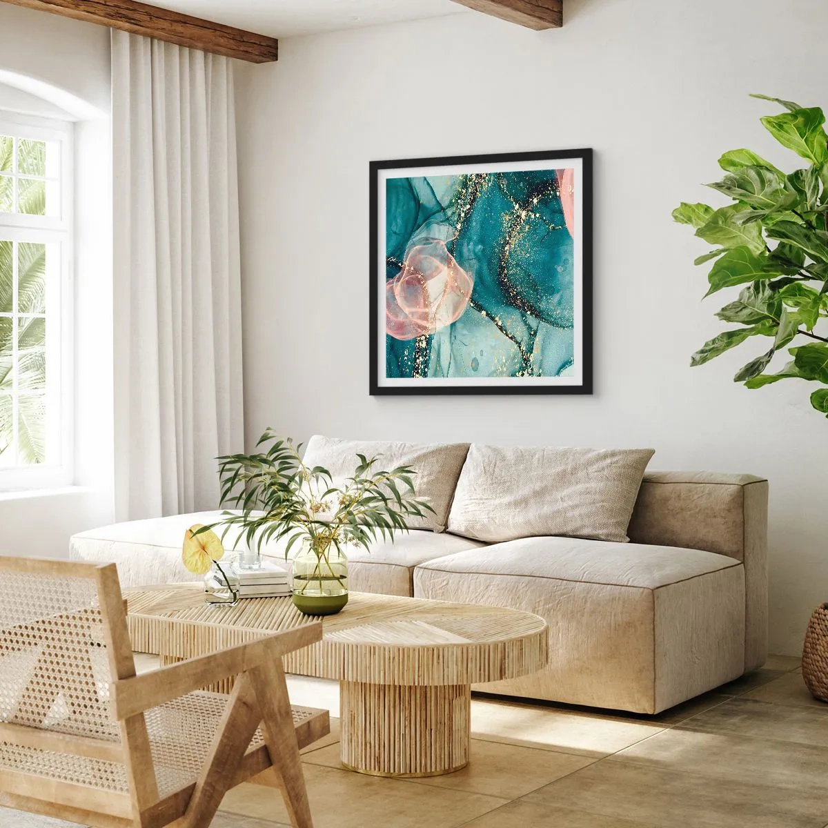 Poster in einem schwarzem Rahmen - Seidenblau, Tüllrosa - 50x50 cm