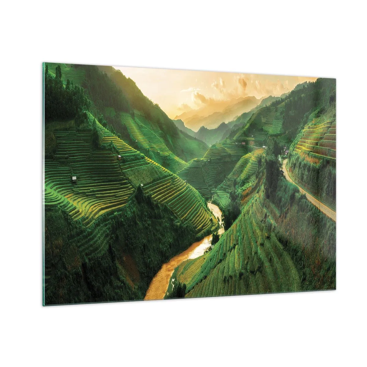Glasbild - Bild auf glas - Malerische Reisterrassen im Tal bei Sonnenuntergang - 100x70cm - Vietnamesisches Tal - Moderne Wanddekoration für Wohnzimmer und Schlafzimmer ARTTOR
