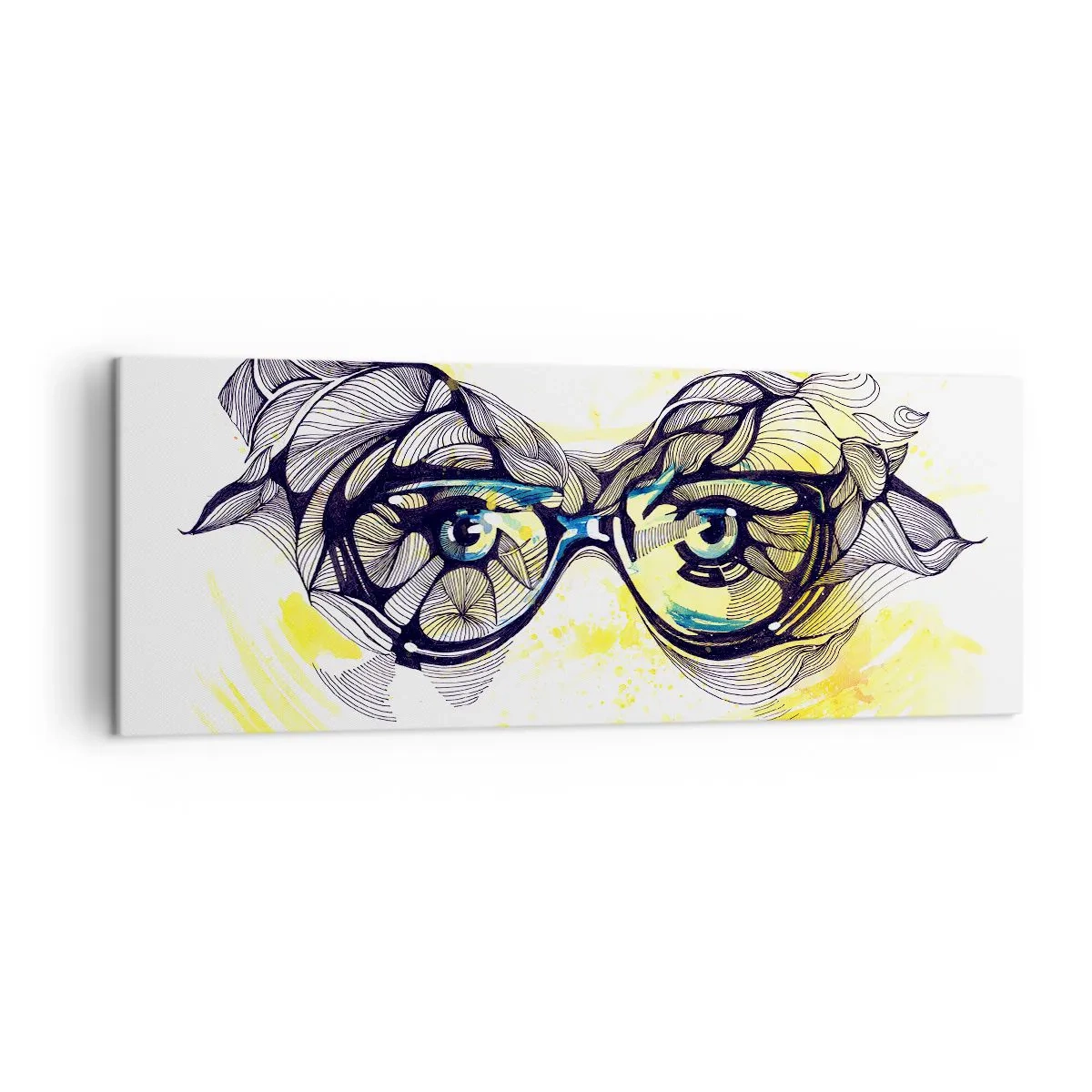 Bild auf Leinwand - Leinwandbild - Künstlerische Grafik einer Brille mit ausdrucksstarken Augen - 140x50cm - Durch blaue Brille - Moderne Wanddekoration für Wohnzimmer und Schlafzimmer ARTTOR