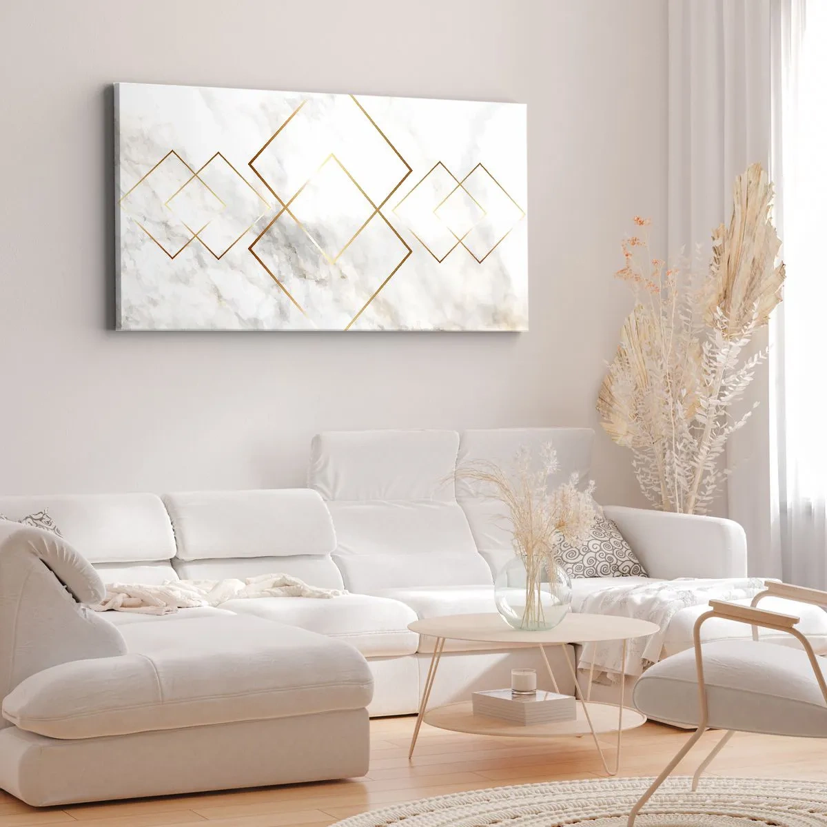 Bild auf Leinwand - Leinwandbild - Minimalistische goldene Rauten auf Marmorhintergrund - 120x50cm - Ein Blick in die Unendlichkeit - Moderne Wanddekoration für Wohnzimmer und Schlafzimmer ARTTOR