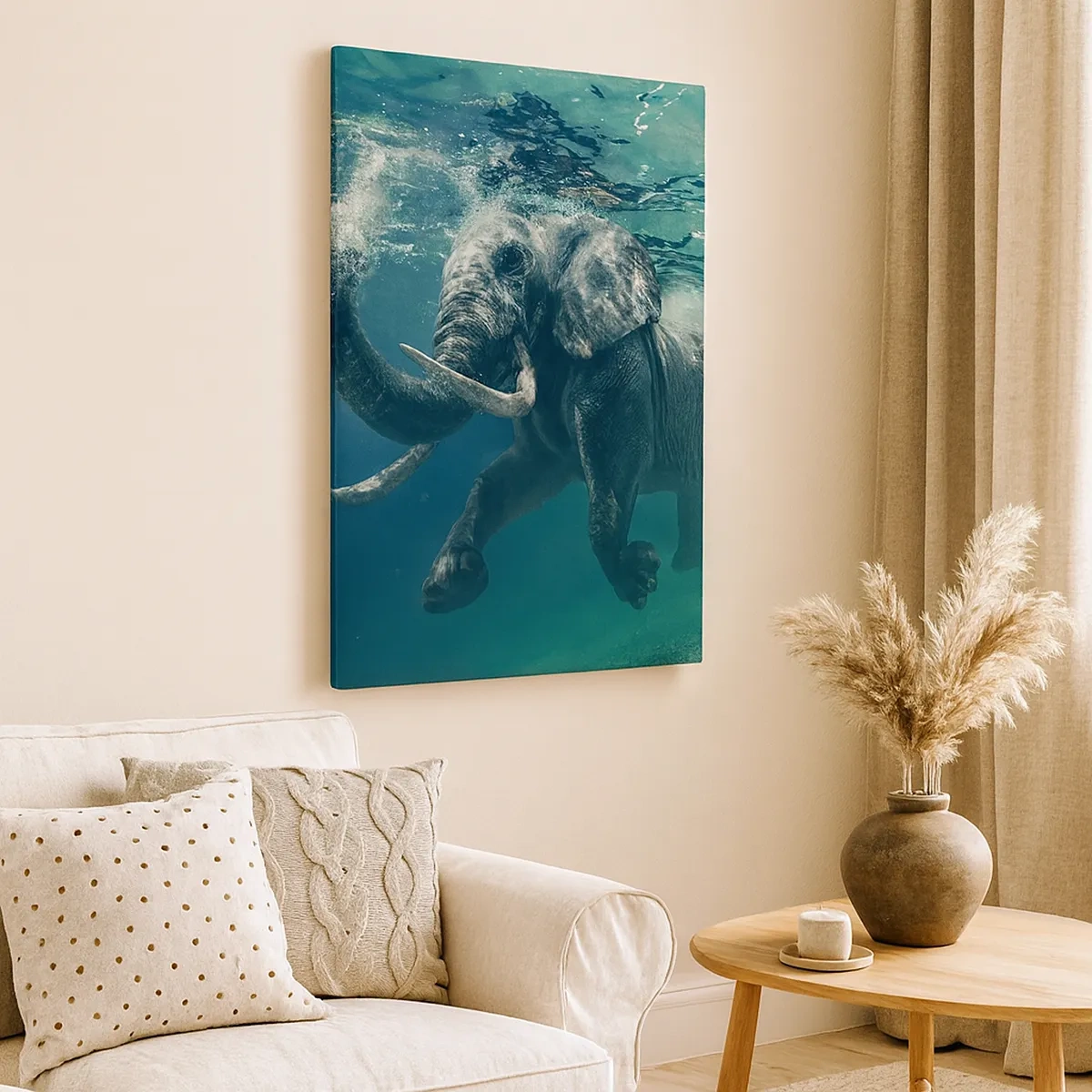 Bild auf Leinwand - Leinwandbild - Ein Elefant schwimmt unter Wasser in den türkisfarbenen Tiefen - 50x70cm - Jeder schwimmt gerne - Moderne Wanddekoration für Wohnzimmer und Schlafzimmer ARTTOR