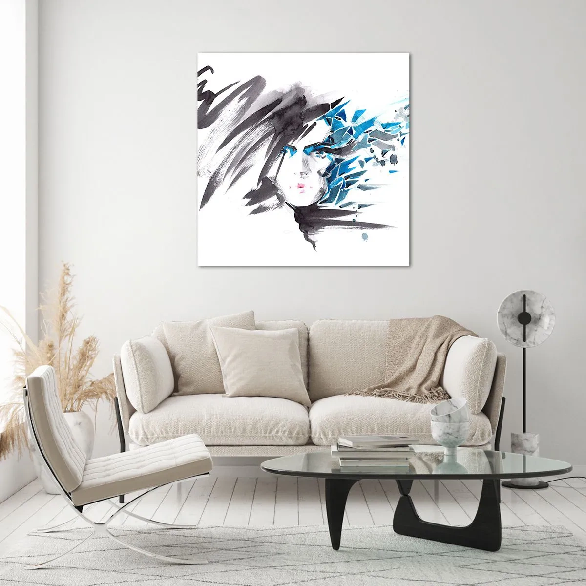 Glasbild - Bild auf glas - Sinnliches Portrait in Grau und Blau - 40x40 cm