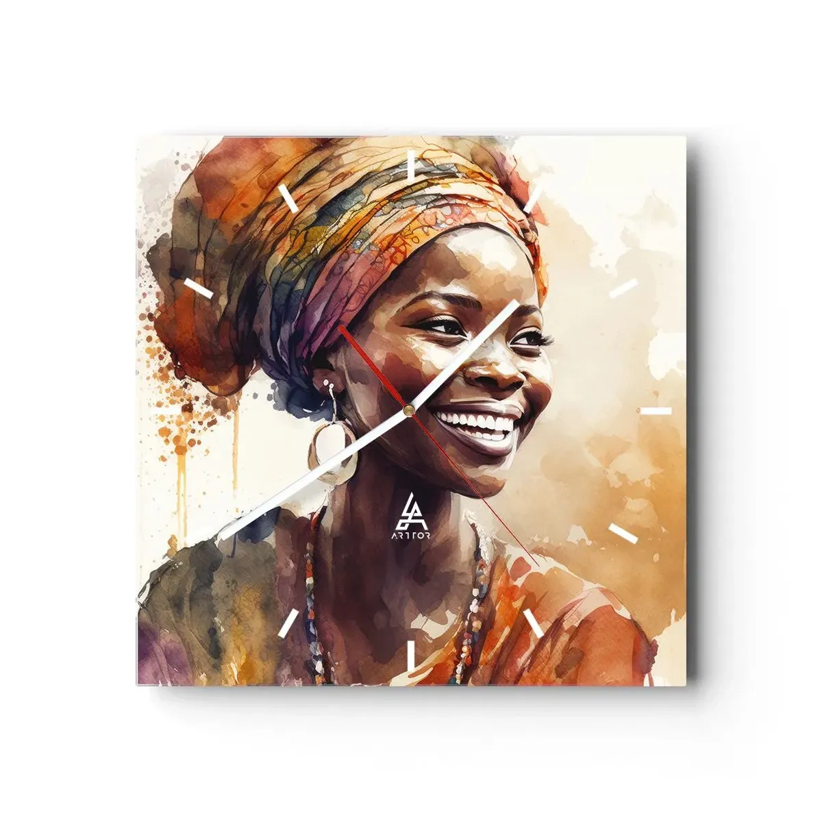 Wanduhr - Glasuhr - Porträt einer lächelnden Frau mit buntem Schal in Aquarell - 30x30cm - Afrikanische Königin - Moderne Wanddekoration für Wohnzimmer und Schlafzimmer ARTTOR