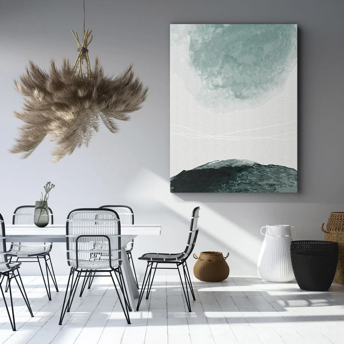 Bild auf Leinwand - Leinwandbild - Eine zarte abstrakte Komposition in Grüntönen mit subtilen Formen auf hellem Hintergrund. - 50x70cm - Begegnung mit Nebel - Moderne Wanddekoration für Wohnzimmer und Schlafzimmer ARTTOR