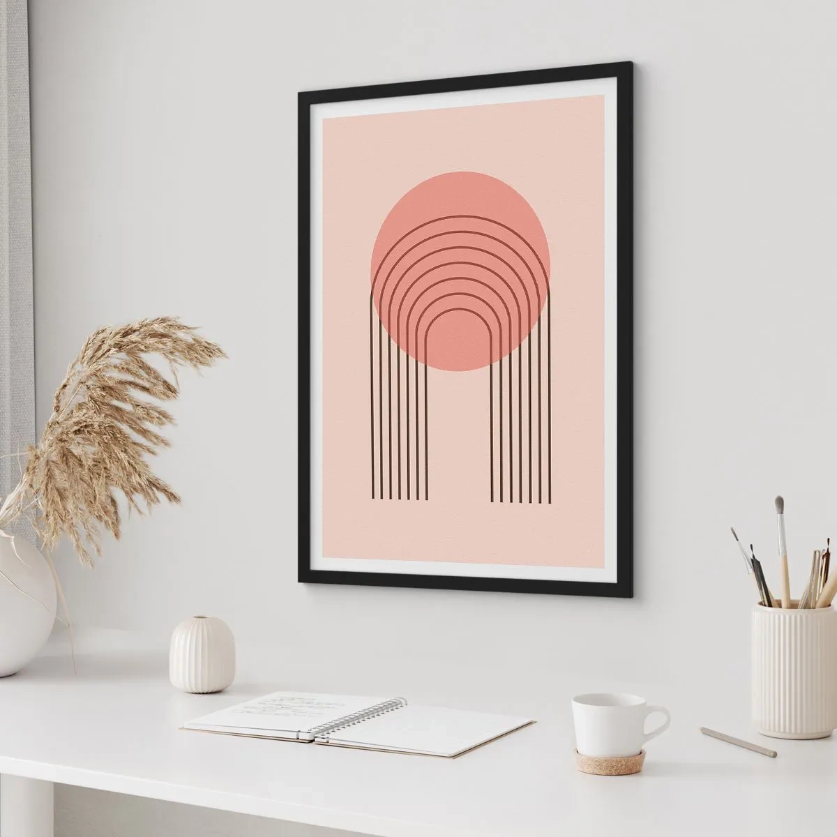Poster in einem schwarzem Rahmen - Eine minimalistische Abstraktion mit Bögen in Rosa- und Beigetönen. - 50x70cm - Unwiderstehliche Anziehungskraft - Moderne Wanddekoration für Wohnzimmer und Schlafzimmer ARTTOR
