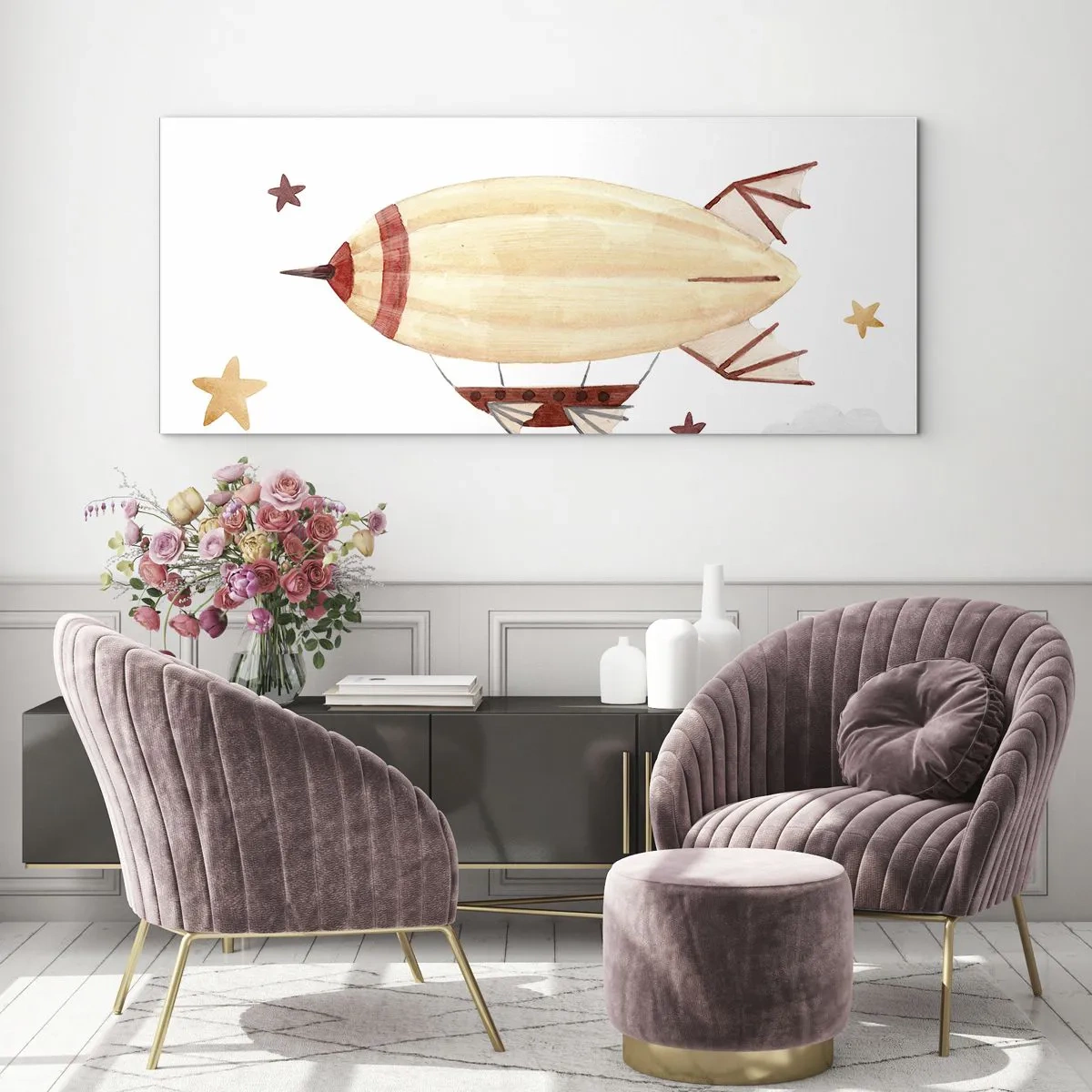 Glasbild - Bild auf glas - Ein handbemaltes Luftschiff vor Sternenhimmel - 120x50cm - Luftschiff - Moderne Wanddekoration für Wohnzimmer und Schlafzimmer ARTTOR