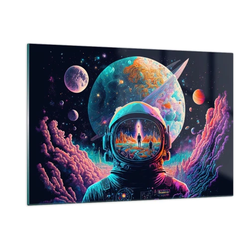 Glasbild - Bild auf glas - Eine Weltraumlandschaft mit einem Astronauten und einem surrealen Planeten. - 120x80cm - Philosophen haben nicht davon geträumt - Moderne Wanddekoration für Wohnzimmer und Schlafzimmer ARTTOR