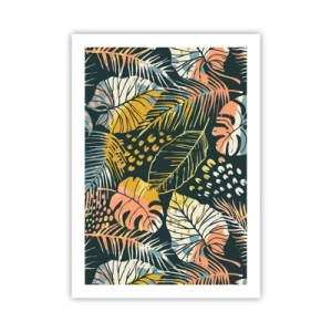 Poster - Ein farbenfrohes tropisches Blattmuster in Grün-, Gelb- und Rosatönen. - 50x70cm - Grüne Fantasie - Moderne Wanddekoration für Wohnzimmer und Schlafzimmer ARTTOR