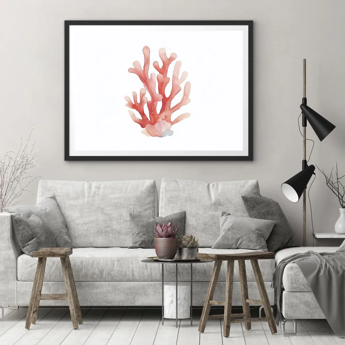 Poster in einem schwarzem Rahmen - Eine subtile Darstellung von Korallen in Pastelltönen - 70x50cm - Korallenfarbene Koralle - Moderne Wanddekoration für Wohnzimmer und Schlafzimmer ARTTOR