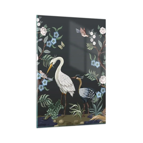 Glasbild - Bild auf glas - Gemalte Vögel und Pflanzen auf dunklem Hintergrund mit elegantem Muster - 80x120cm - Vogelparade - Moderne Wanddekoration für Wohnzimmer und Schlafzimmer ARTTOR