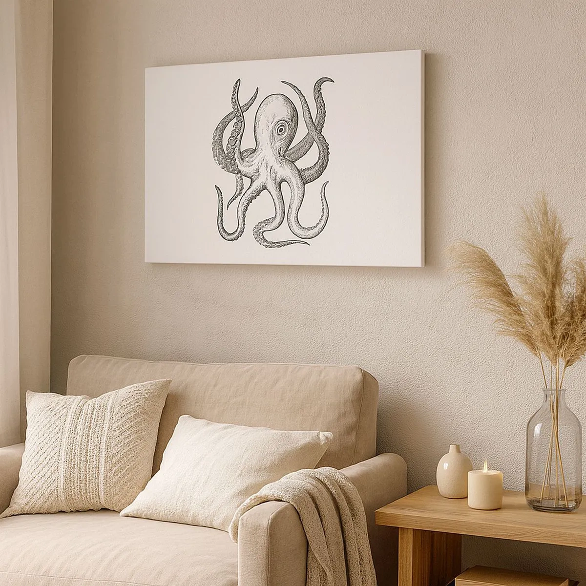Bild auf Leinwand - Leinwandbild - Schwarz-weiße Zeichnung eines Oktopus auf weißem Hintergrund im Vintage-Stil - 70x50cm - Mit den Wellen tanzen - Moderne Wanddekoration für Wohnzimmer und Schlafzimmer ARTTOR
