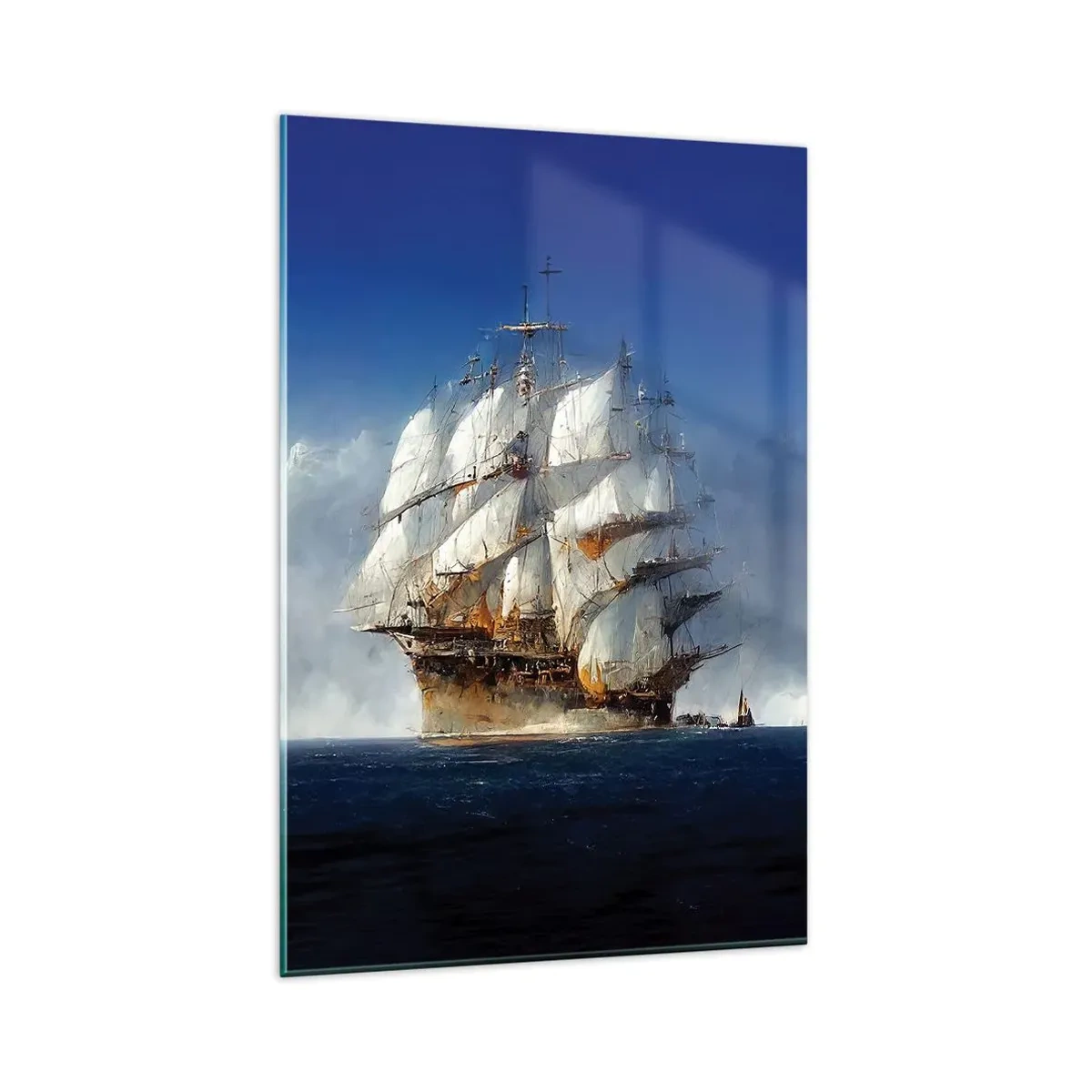 Glasbild - Bild auf glas - Ein Segelschiff auf offener See unter blauem Himmel - 80x120cm - Der große Ruhm! - Moderne Wanddekoration für Wohnzimmer und Schlafzimmer ARTTOR
