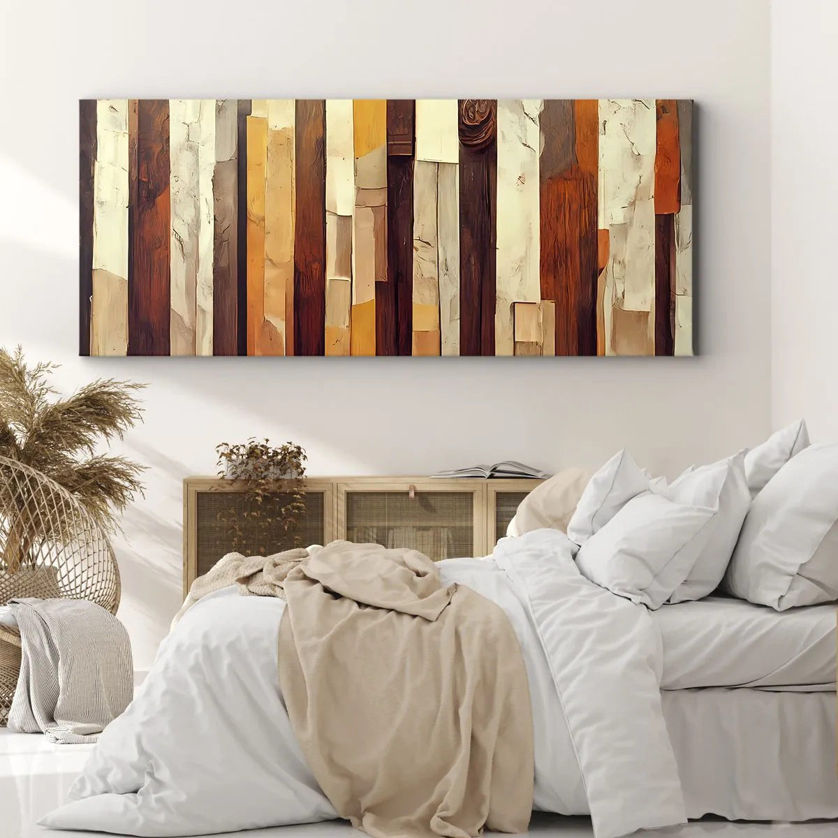 Bild auf Leinwand - Leinwandbild - Geometrische Komposition in Holz- und Goldtönen - 160x50cm - Hymne der Waldbäume - Moderne Wanddekoration für Wohnzimmer und Schlafzimmer ARTTOR