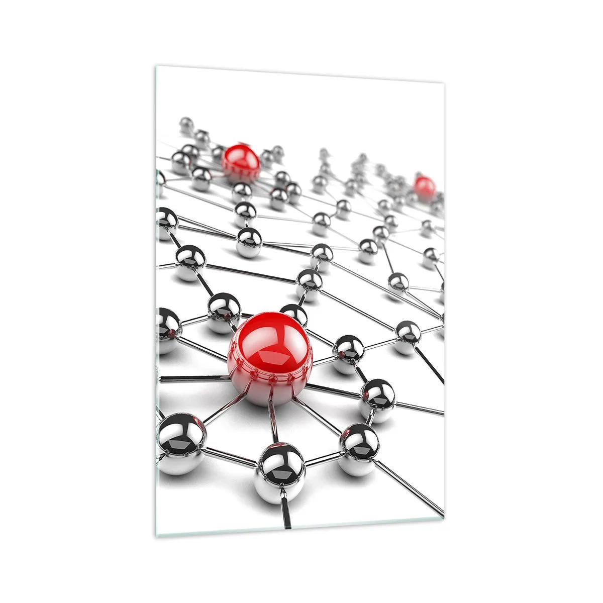 Glasbild - Bild auf glas - Ein Netzwerk aus metallischen Kugeln mit roten Akzenten - 70x100cm - Silbriges Netz - Moderne Wanddekoration für Wohnzimmer und Schlafzimmer ARTTOR