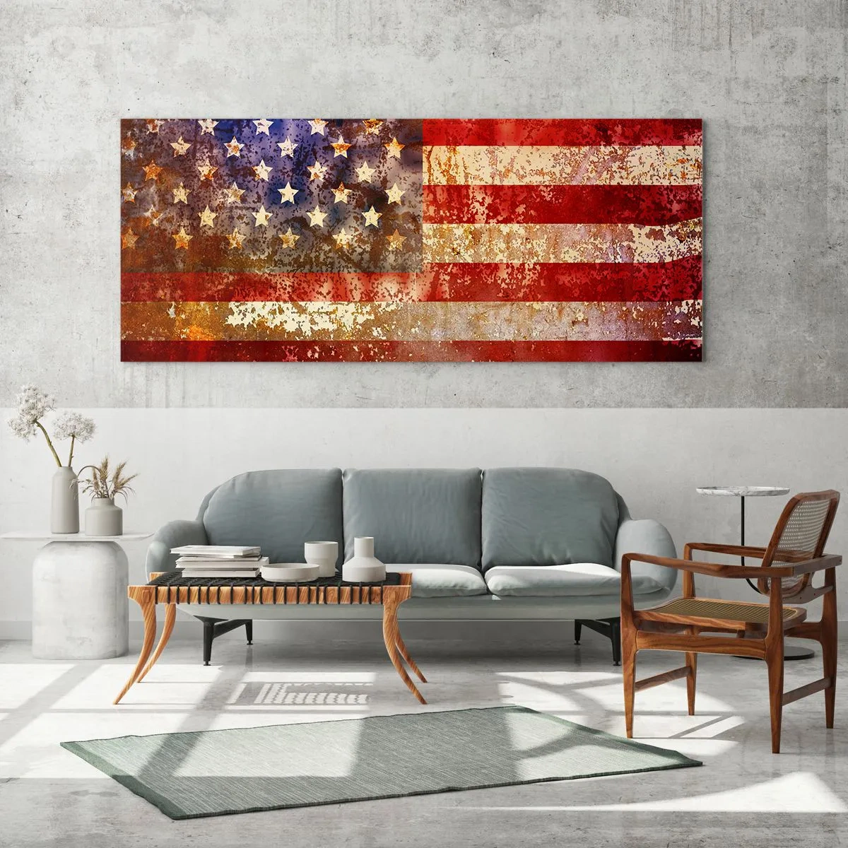 Glasbild - Bild auf glas - Stilisierte US-Flagge mit gealtertem Effekt - 120x50cm - Ruhm verblasst nicht - Moderne Wanddekoration für Wohnzimmer und Schlafzimmer ARTTOR