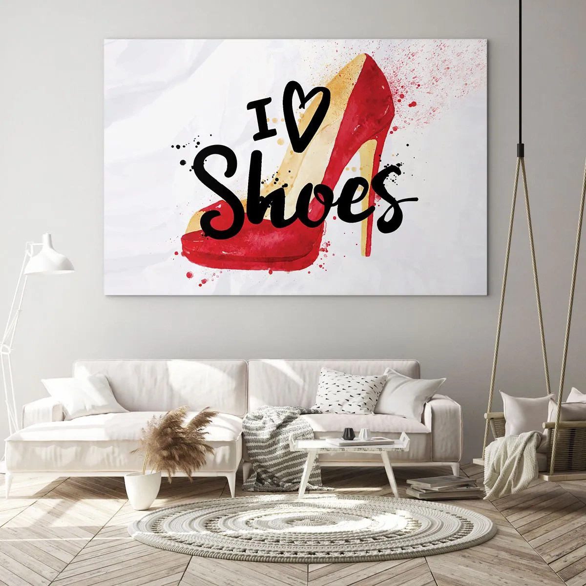 Glasbild - Bild auf glas - Ein roter High Heel und die Worte „I love shoes“ auf hellem Hintergrund - 100x70cm - Liebe hat viele Namen - Moderne Wanddekoration für Wohnzimmer und Schlafzimmer ARTTOR