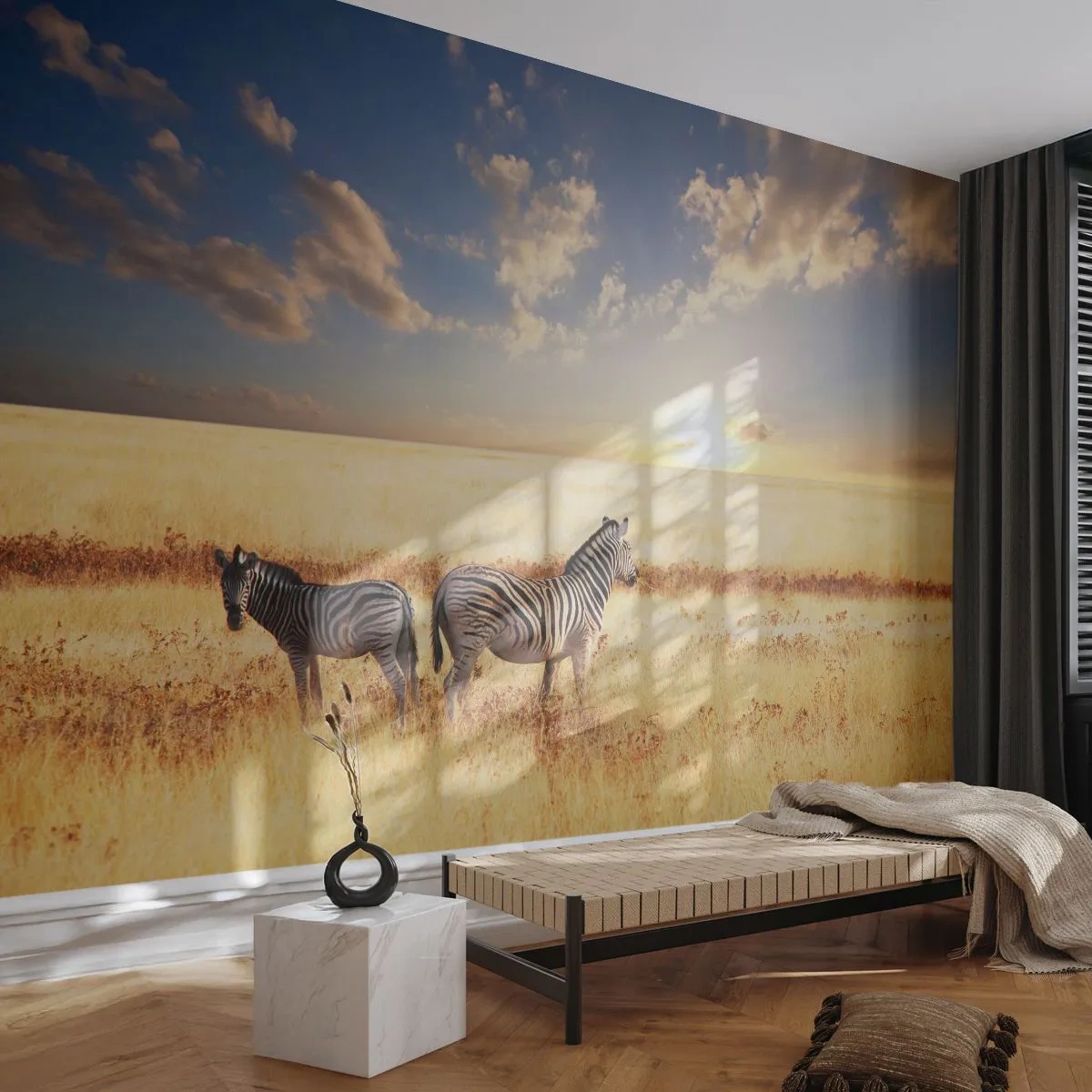 Fototapete Premium Sand - Zwei Zebras in der Savanne bei Sonnenuntergang - 100x70cm - Geh weg, sei nicht in Frieden - Moderne Wanddekoration für Wohnzimmer und Schlafzimmer ARTTOR