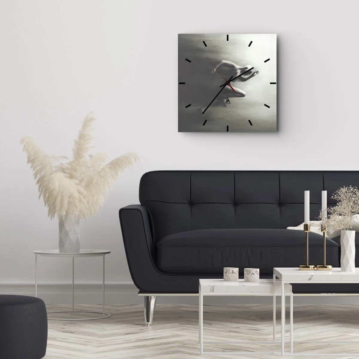 Wanduhr - Glasuhr - Eine schwarz-weiße Silhouette einer laufenden Figur in einem dynamischen und surrealen Stil. - 30x30cm - Unwiderstehlich - Moderne Wanddekoration für Wohnzimmer und Schlafzimmer ARTTOR