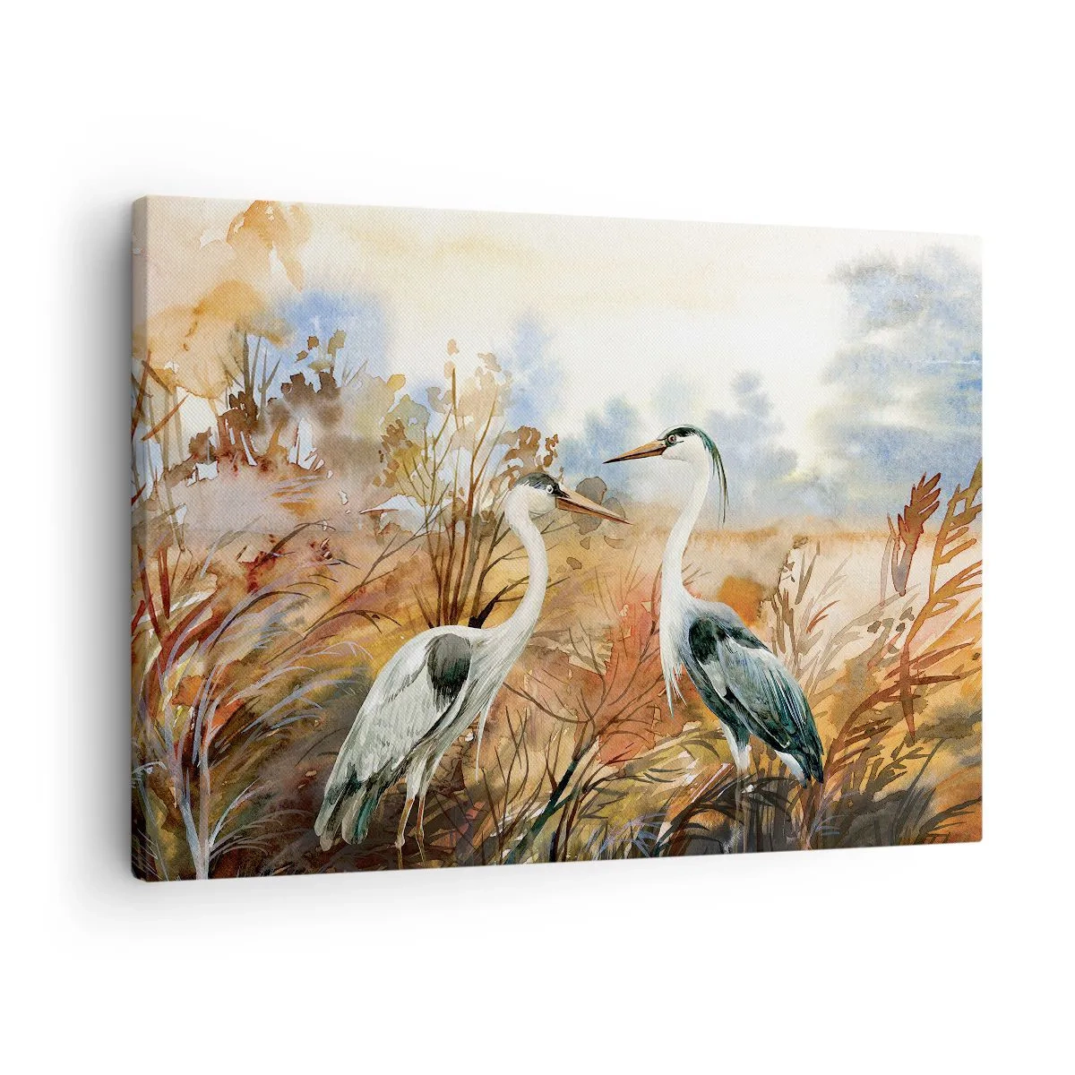 Bild auf Leinwand - Leinwandbild - Zwei Reiher vor dem Hintergrund einer herbstlichen Landschaft - 70x50cm - Wohin im Herbst? - Moderne Wanddekoration für Wohnzimmer und Schlafzimmer ARTTOR