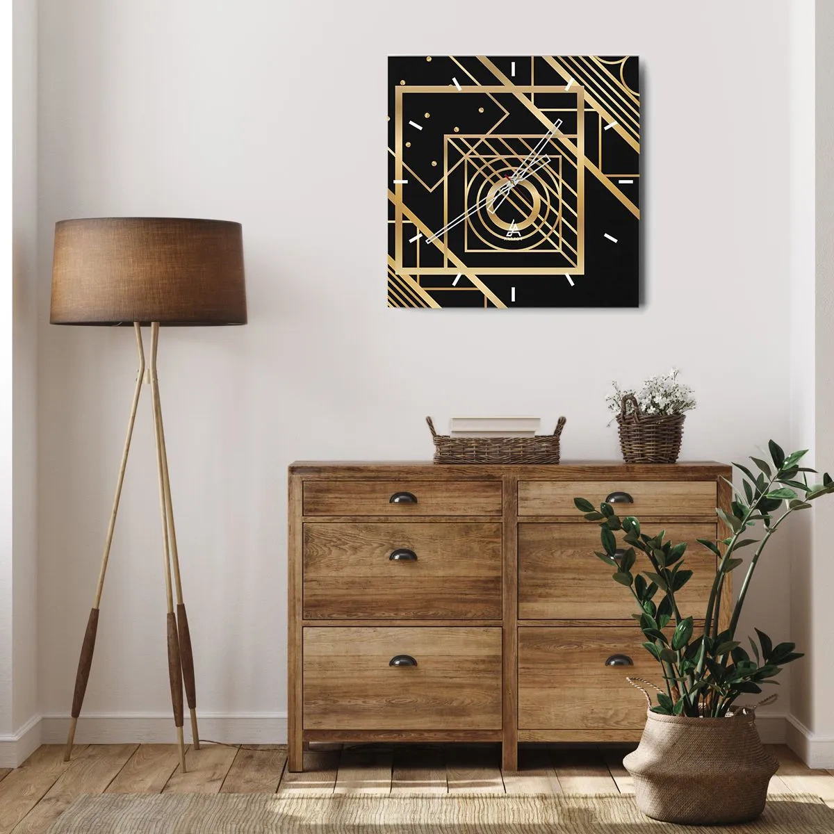 Wanduhr - Glasuhr - Goldene geometrische Muster auf schwarzem Hintergrund - 30x30cm - Goldene Geometrie - Moderne Wanddekoration für Wohnzimmer und Schlafzimmer ARTTOR