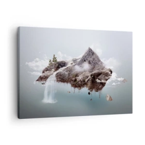 Bild auf Leinwand - Leinwandbild - Ein surrealer Berg, der in den Wolken schwebt, mit einem Wasserfall - 70x50cm - Mit dem Auge eines Surrealisten - Moderne Wanddekoration für Wohnzimmer und Schlafzimmer ARTTOR
