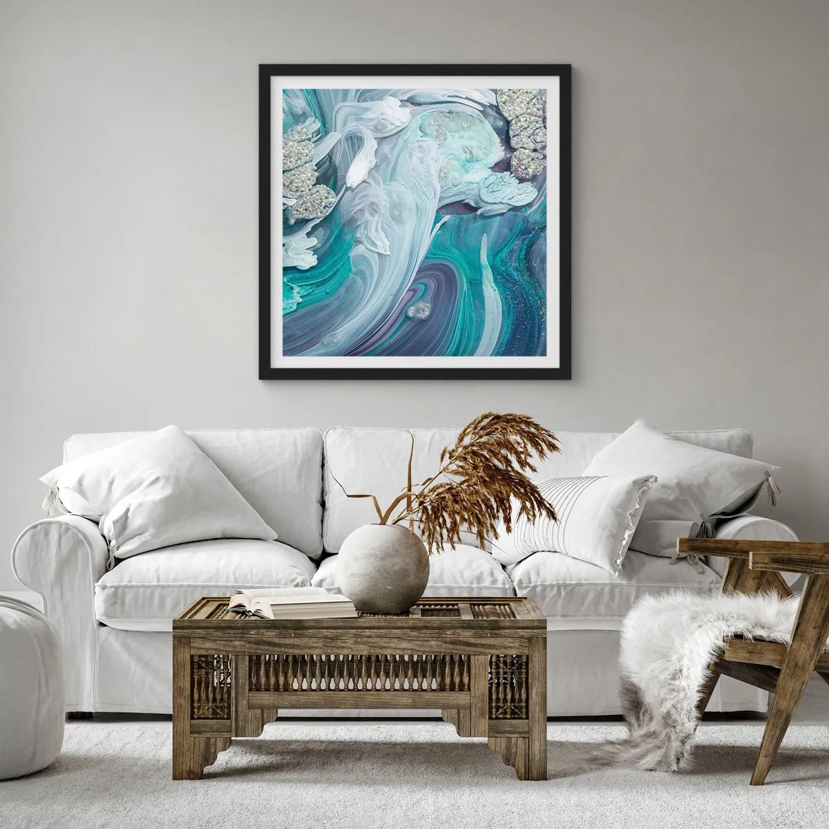 Poster in einem schwarzem Rahmen - Strömungen von Himmelblau - 30x30 cm