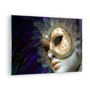 Glasbild - Bild auf glas - Goldene venezianische Maske mit Federn auf violettem Hintergrund - 70x50cm - Venezianisches Porträt in Gold - Moderne Wanddekoration für Wohnzimmer und Schlafzimmer ARTTOR