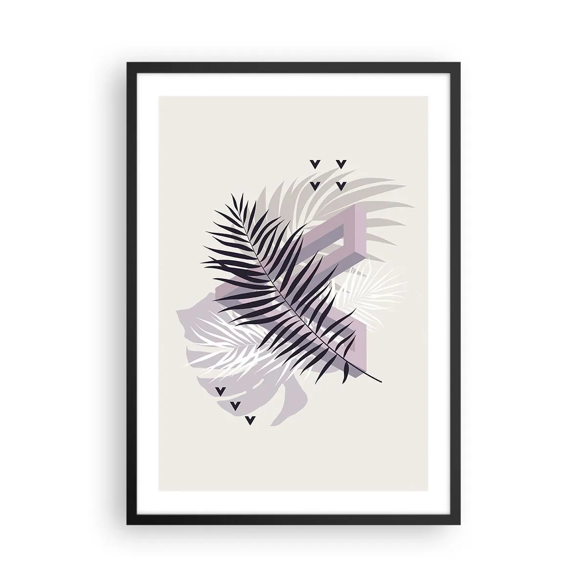 Poster in einem schwarzem Rahmen - Abstrakte Komposition mit Blättern und geometrischen Formen - 50x70cm - Der Schatten des Schattens - Moderne Wanddekoration für Wohnzimmer und Schlafzimmer ARTTOR