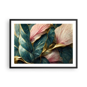 Poster in einem schwarzem Rahmen - Elegante Blätter in Grün, Gold und Pink - 70x50cm - Natürliche Eleganz und Stil - Moderne Wanddekoration für Wohnzimmer und Schlafzimmer ARTTOR