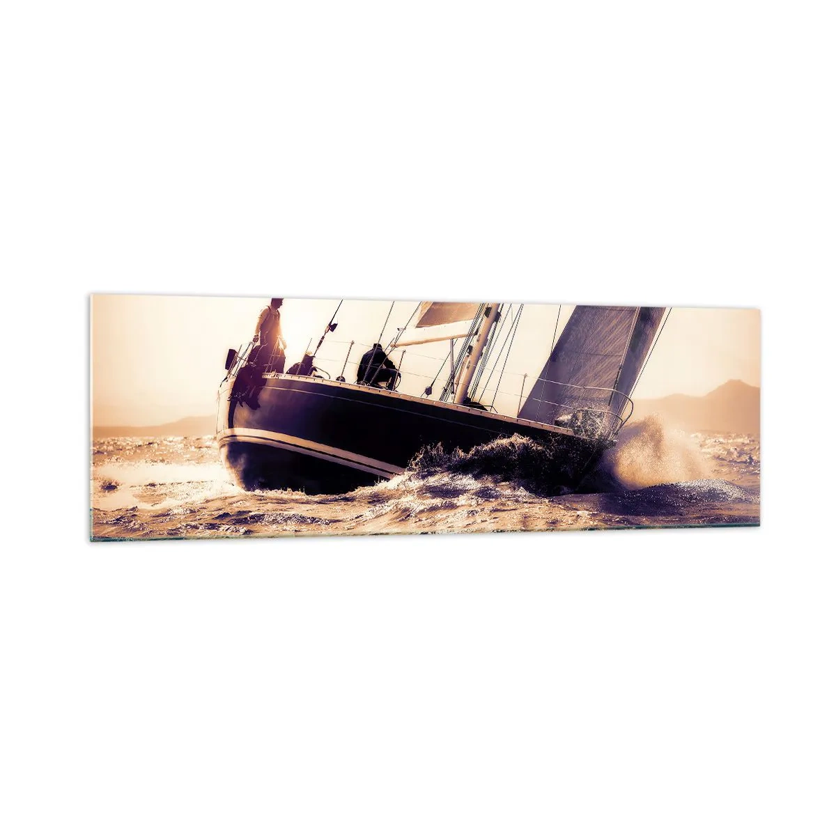 Glasbild - Bild auf glas - Eine Yacht auf stürmischer See im Licht der untergehenden Sonne - 160x50cm - Segle, Seemann - Moderne Wanddekoration für Wohnzimmer und Schlafzimmer ARTTOR