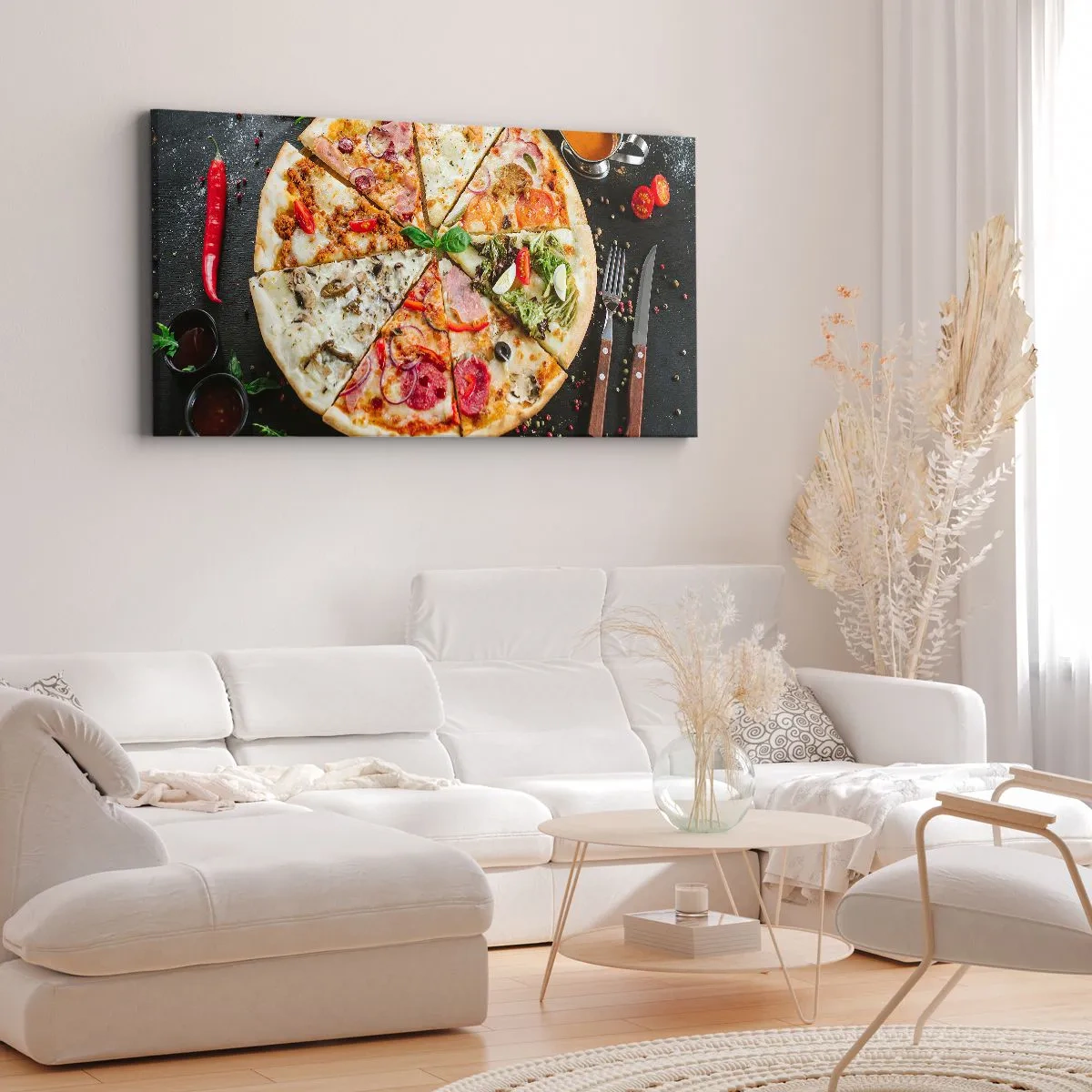 Bild auf Leinwand - Leinwandbild - Pizza in verschiedenen Geschmacksrichtungen mit verschiedenen Belägen - 120x50cm - Eine Reihe von Geschmacksrichtungen - Moderne Wanddekoration für Wohnzimmer und Schlafzimmer ARTTOR