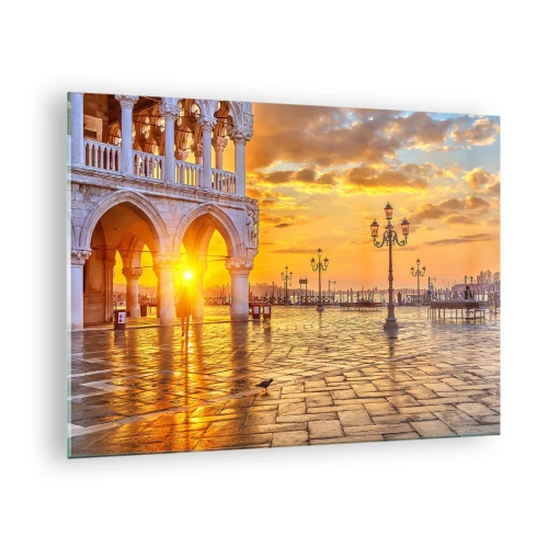Glasbild - Bild auf glas - Sonnenaufgang über den Arkaden und dem Platz - 70x50cm - Wo sind alle? - Moderne Wanddekoration für Wohnzimmer und Schlafzimmer ARTTOR