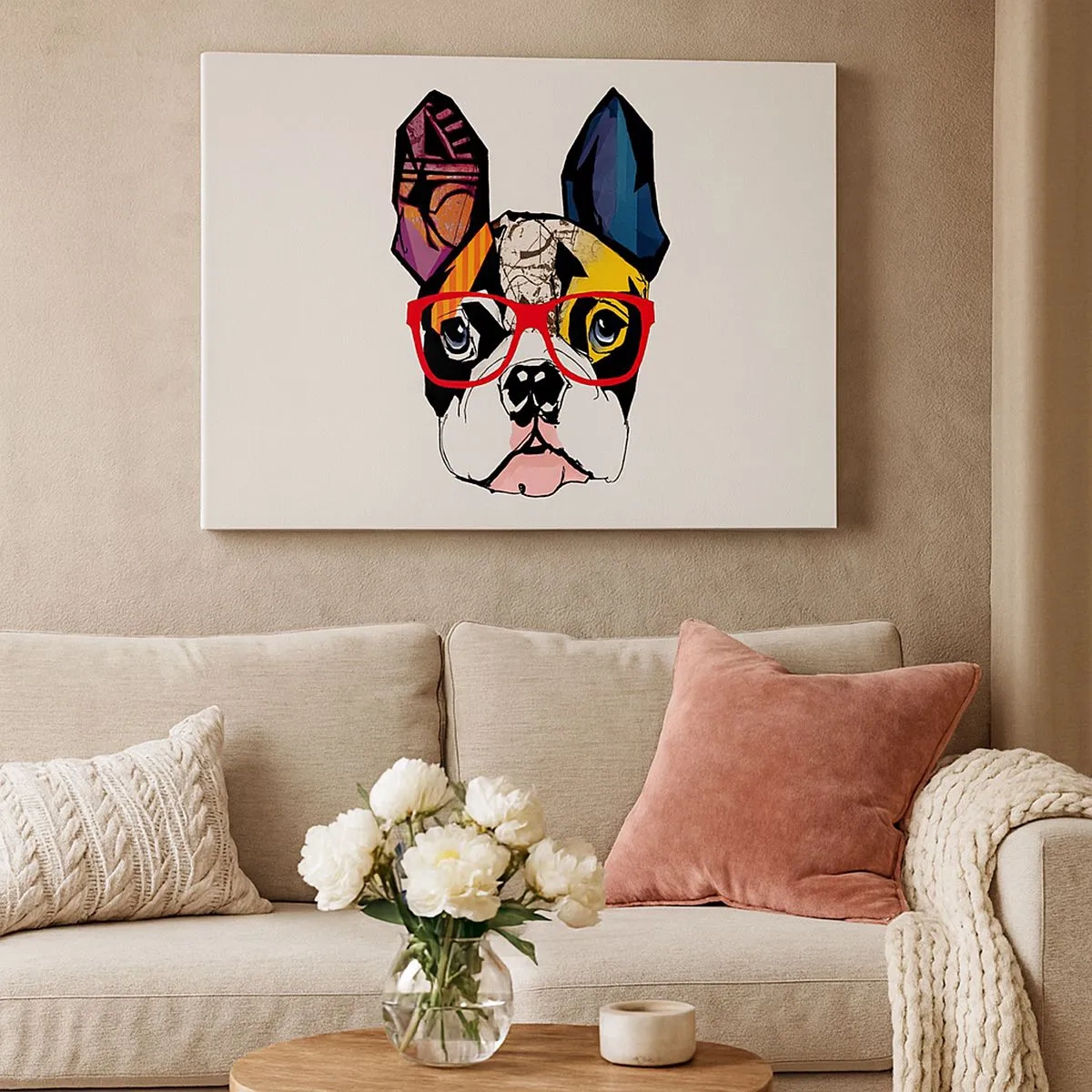 Bild auf Leinwand - Leinwandbild - Bulldogge in einer bunten Illustration mit roter Brille - 70x50cm - Intellektuelle - Moderne Wanddekoration für Wohnzimmer und Schlafzimmer ARTTOR