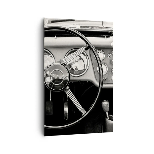 Bild auf Leinwand - Leinwandbild - Schwarz-weißes Oldtimer-Interieur - 80x120cm - Ein Sammlertraum - Moderne Wanddekoration für Wohnzimmer und Schlafzimmer ARTTOR
