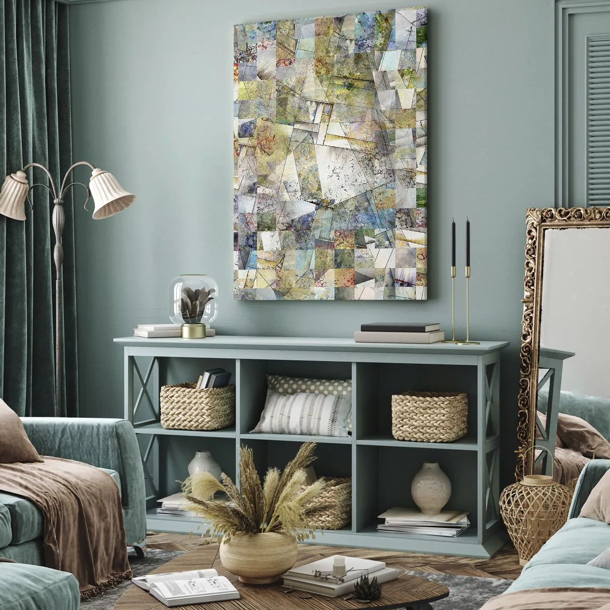 Bild auf Leinwand - Leinwandbild - Bunte Abstraktion mit geometrischen Formen und Linien - 50x70cm - Geometrische Mischung - Moderne Wanddekoration für Wohnzimmer und Schlafzimmer ARTTOR