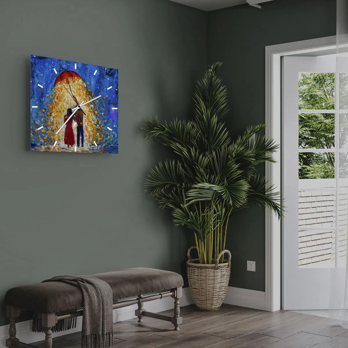 Wanduhr - Glasuhr - Ein Paar unter einem roten Regenschirm im leuchtenden Regen - 30x30cm - Zauber eines Regenabends? - Moderne Wanddekoration für Wohnzimmer und Schlafzimmer ARTTOR
