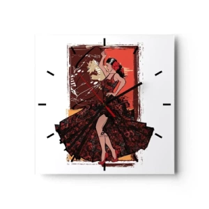 Wanduhr - Glasuhr - Eine Tänzerin in einem rot-schwarzen Kleid vor einem künstlerischen Hintergrund - 30x30cm - Im Rhythmus des Herzens - Moderne Wanddekoration für Wohnzimmer und Schlafzimmer ARTTOR