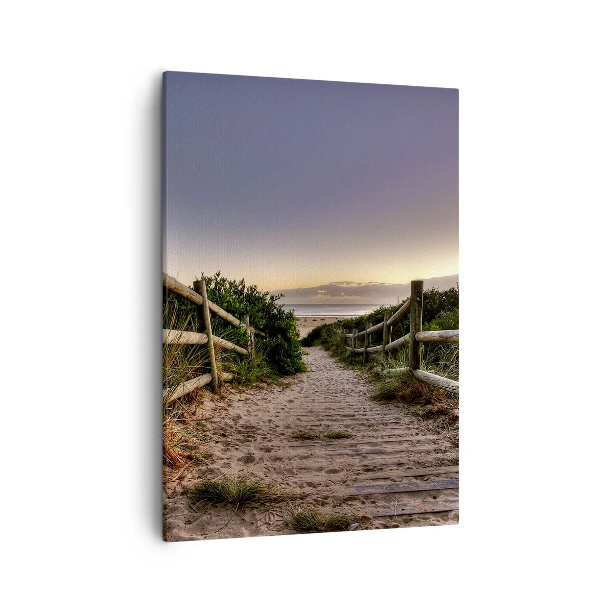 Bild auf Leinwand - Leinwandbild - Holzweg in den Dünen, der bei Sonnenuntergang zum Strand führt - 50x70cm - Das Ziel ist bereits sichtbar - Moderne Wanddekoration für Wohnzimmer und Schlafzimmer ARTTOR