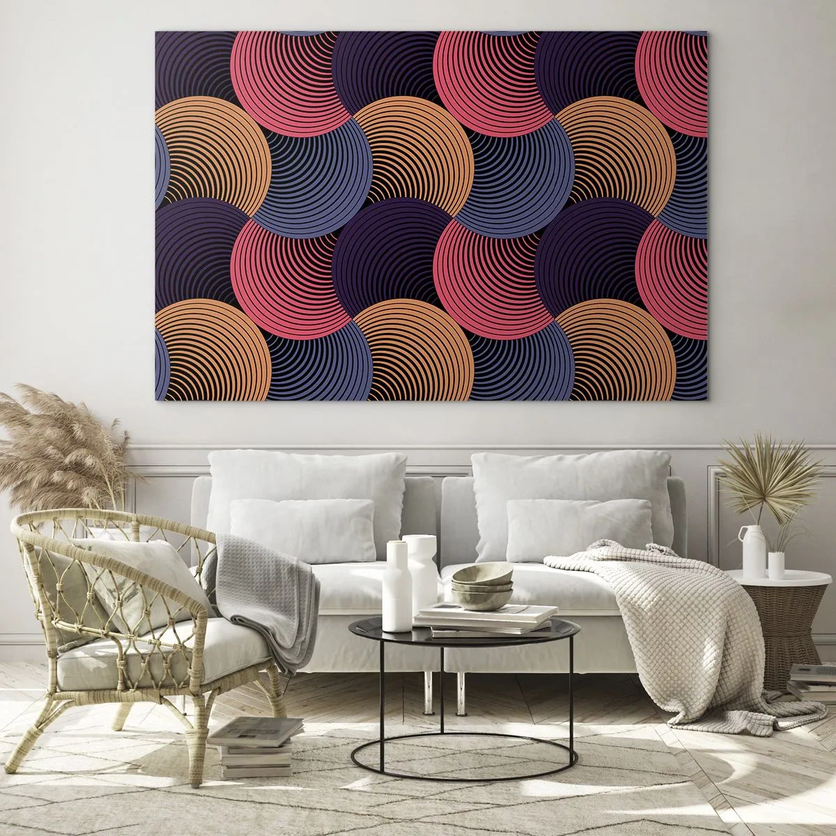 Glasbild - Bild auf glas - Bunte konzentrische Kreise bilden ein geometrisches Muster - 70x50cm - Im kreisenden Rhythmus - Moderne Wanddekoration für Wohnzimmer und Schlafzimmer ARTTOR