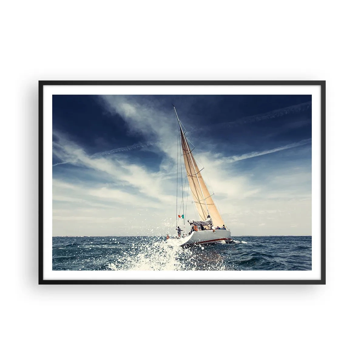 Poster in einem schwarzem Rahmen - Ein Segelboot auf stürmischer See unter blauem Himmel - 100x70cm - Sie werden uns nicht einholen! - Moderne Wanddekoration für Wohnzimmer und Schlafzimmer ARTTOR
