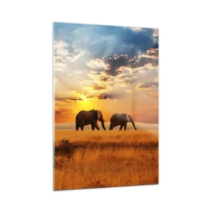 Glasbild - Bild auf glas - Elefanten in der afrikanischen Savanne bei Sonnenuntergang - 50x70cm - Familienspaziergang - Moderne Wanddekoration für Wohnzimmer und Schlafzimmer ARTTOR