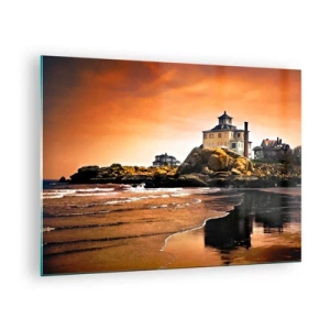 Glasbild - Bild auf glas - Haus auf einer Klippe mit Blick auf das Meer bei Sonnenuntergang - 70x50cm - Eleganz der Westküste - Moderne Wanddekoration für Wohnzimmer und Schlafzimmer ARTTOR