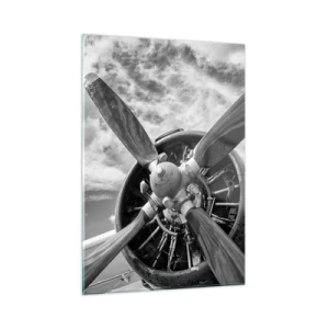 Glasbild - Bild auf glas - Eine Nahaufnahme eines Flugzeugpropellers in Schwarzweiß. - 50x70cm - Eroberer der Lüfte - Moderne Wanddekoration für Wohnzimmer und Schlafzimmer ARTTOR