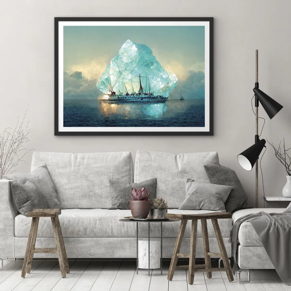 Poster in einem schwarzem Rahmen - Ein Schiff mit einem majestätischen Eisberg im Hintergrund - 100x70cm - Arktischer Diamant - Moderne Wanddekoration für Wohnzimmer und Schlafzimmer ARTTOR