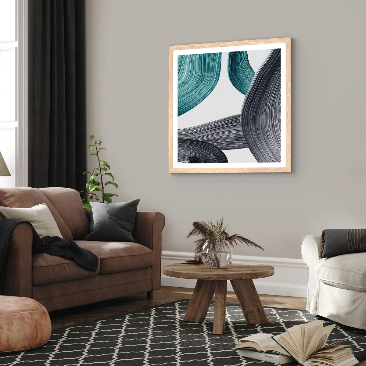 Poster in einem Rahmen aus heller Eiche - Smaragdgrüne und schwarze Pfade - 60x60 cm