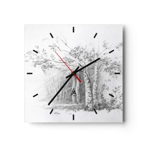 Wanduhr - Glasuhr - Eine Zeichnung eines Birkenwaldes in einer subtilen Bleistiftskizze - 30x30cm - Das Licht des Birkenwaldes - Moderne Wanddekoration für Wohnzimmer und Schlafzimmer ARTTOR