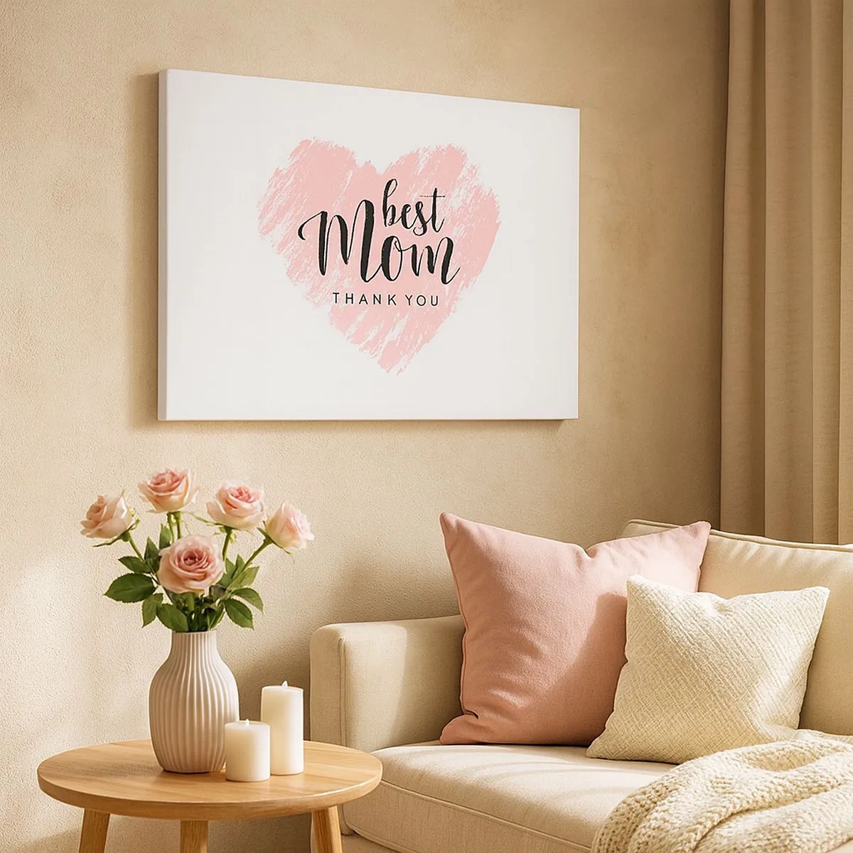 Bild auf Leinwand - Leinwandbild - Rosa Herz mit der Aufschrift „Best Mom Thank You“ auf weißem Hintergrund - 70x50cm - Immer der richtige Moment - Moderne Wanddekoration für Wohnzimmer und Schlafzimmer ARTTOR