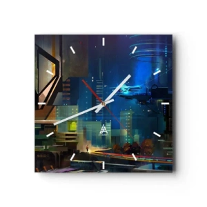 Wanduhr - Glasuhr - Futuristische Stadt bei Nacht mit Neonlichtern und einem fliegenden Fahrzeug - 30x30cm - In naher Zukunft - Moderne Wanddekoration für Wohnzimmer und Schlafzimmer ARTTOR