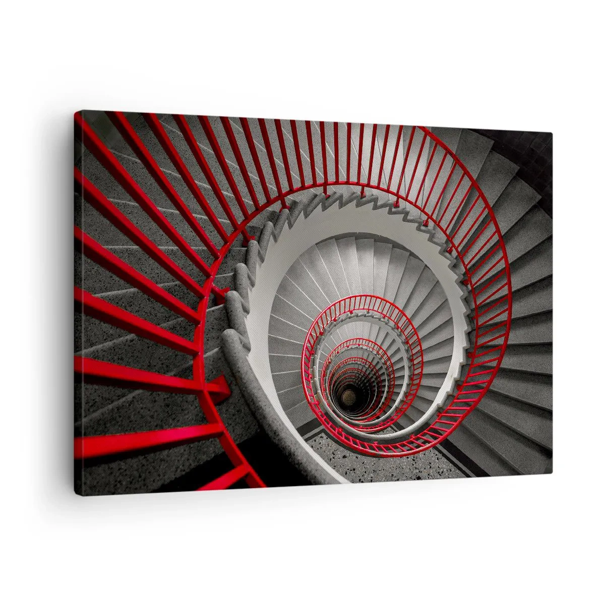 Bild auf Leinwand - Leinwandbild - Wendeltreppe mit roten Handläufen in dynamischer Perspektive - 70x50cm - Architekturspaß - Moderne Wanddekoration für Wohnzimmer und Schlafzimmer ARTTOR