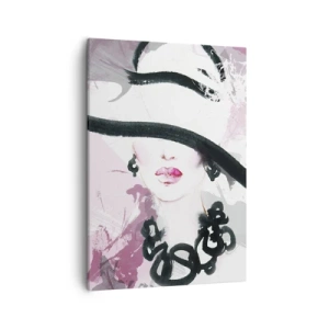 Bild auf Leinwand - Leinwandbild - Eine elegante Frau mit Hut vor einem Hintergrund aus rosa Abstraktionen. - 50x70cm - Bildnis einer Dame in Schwarz und Pink - Moderne Wanddekoration für Wohnzimmer und Schlafzimmer ARTTOR
